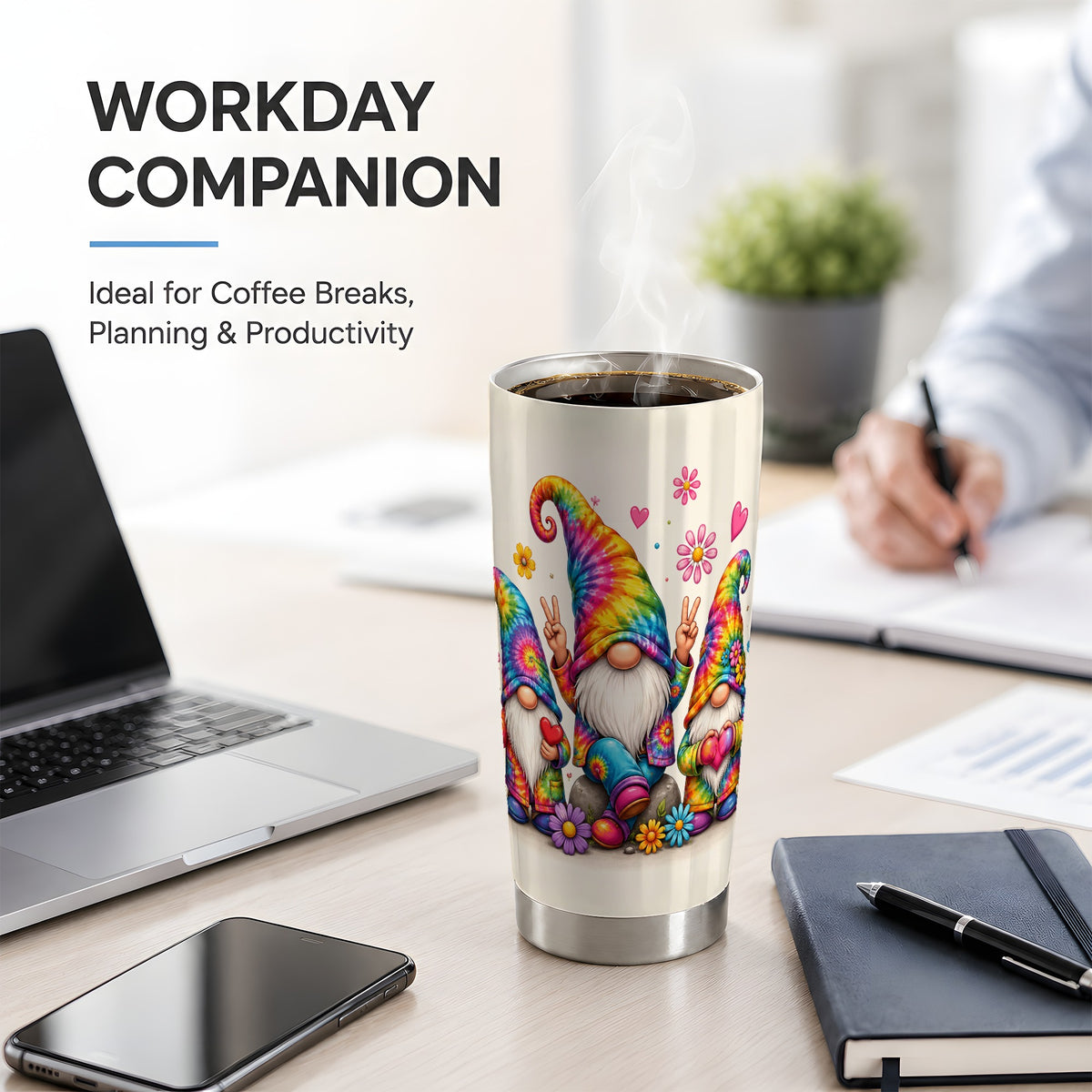 #pl[20oz|Steel] Tie Dye Gnomes 20oz Tumbler, Peace Hearts Colorful Floral Artwork