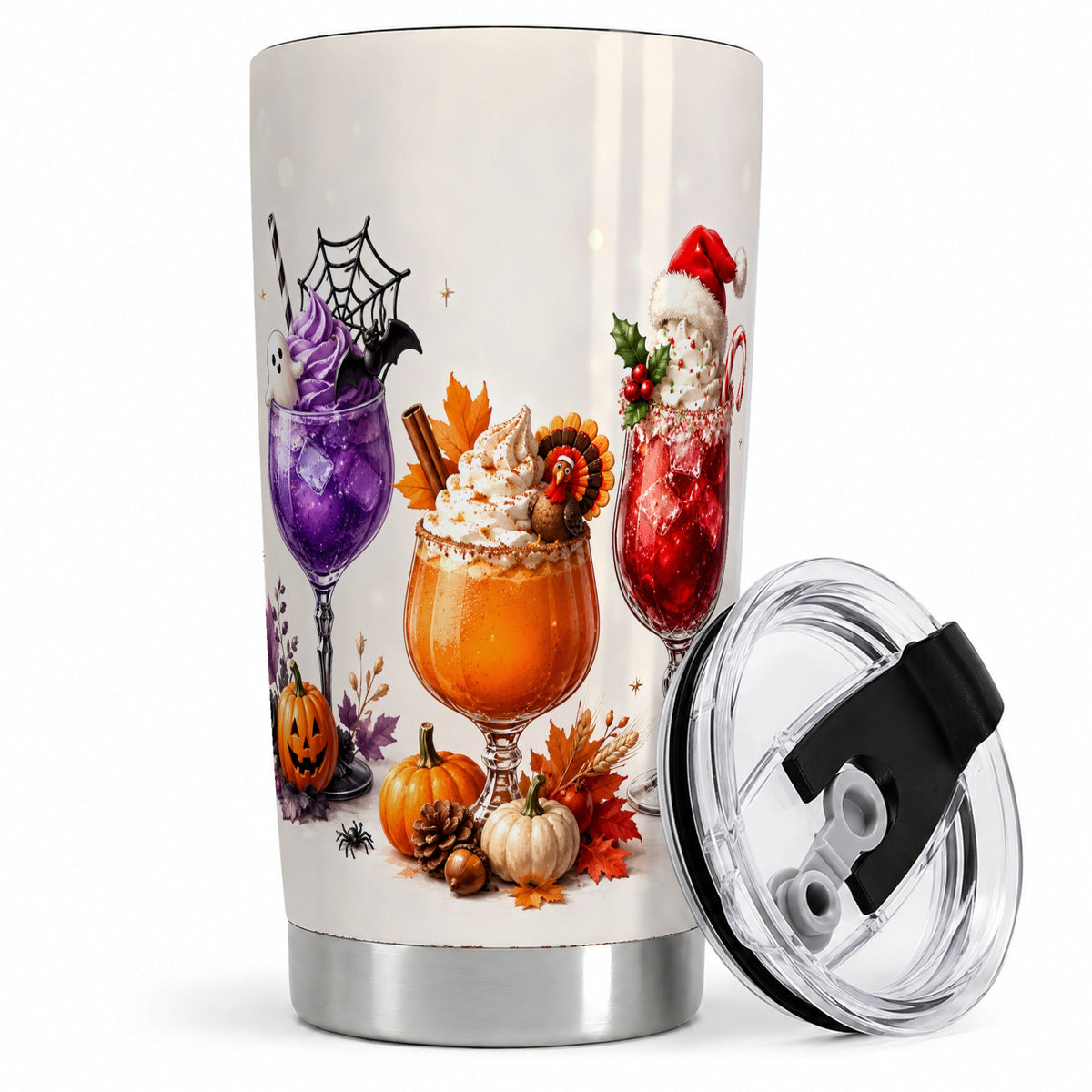 Festive Drinks 20oz Tumbler, Halloween Autumn Christmas Seasonal Art