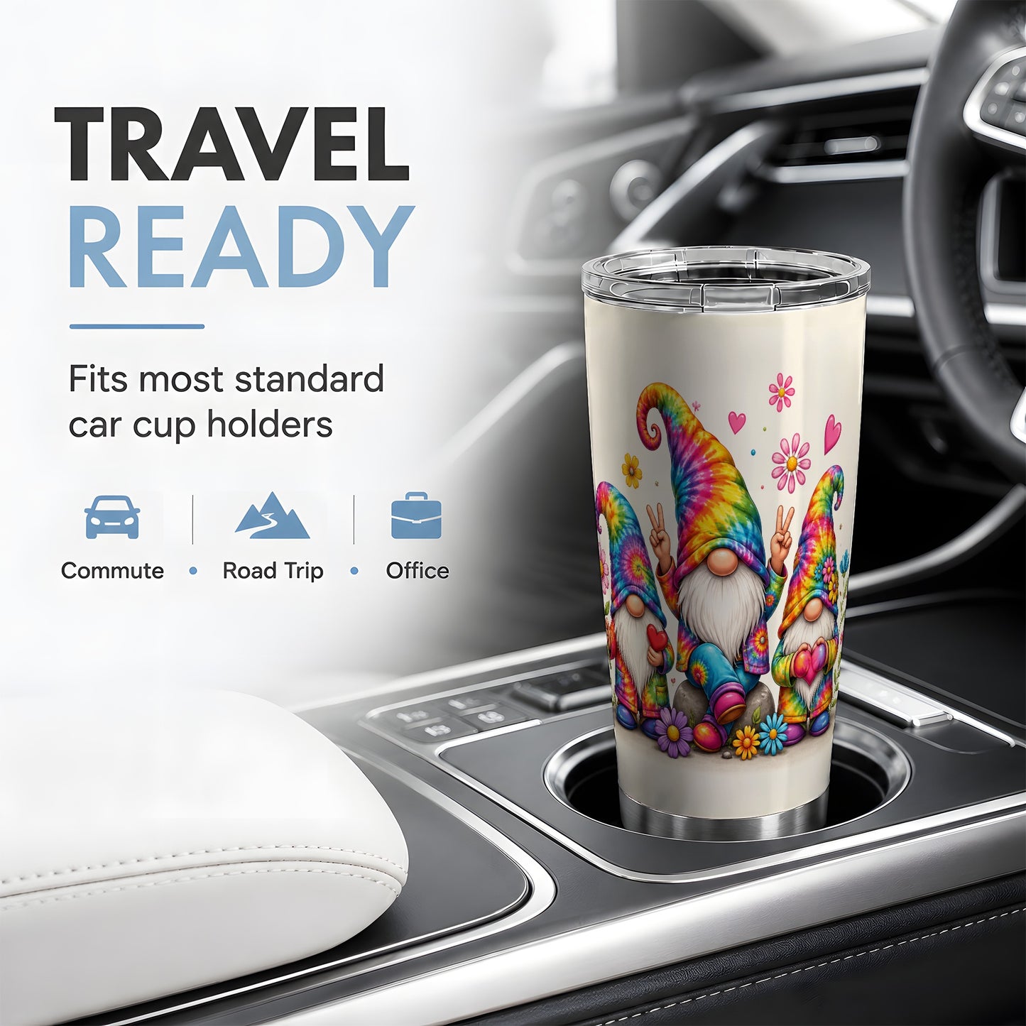 #pl[20oz|Steel] Tie Dye Gnomes 20oz Tumbler, Peace Hearts Colorful Floral Artwork