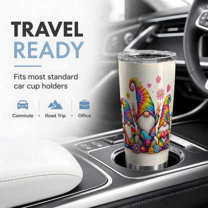 #pl[20oz|Steel] Tie Dye Gnomes 20oz Tumbler, Peace Hearts Colorful Floral Artwork