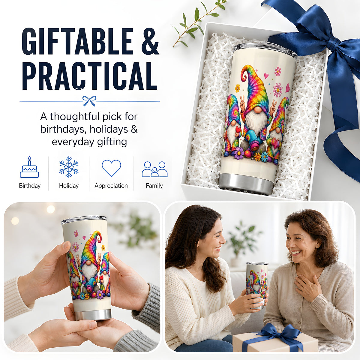 #pl[20oz|Steel] Tie Dye Gnomes 20oz Tumbler, Peace Hearts Colorful Floral Artwork
