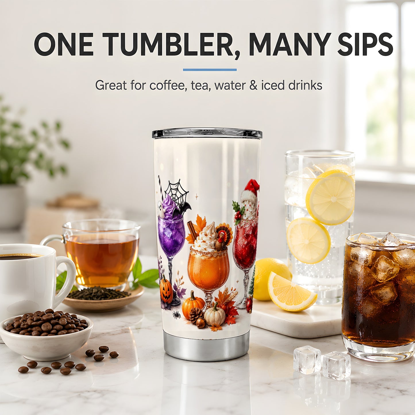 #pl[20oz|Steel] Festive Drinks 20oz Tumbler, Halloween Autumn Christmas Seasonal Art
