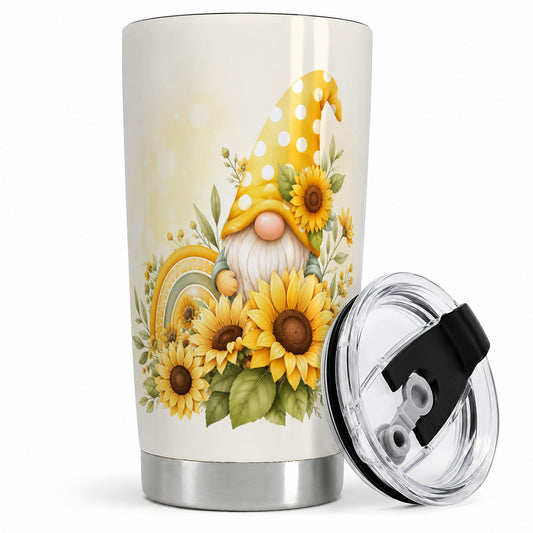 Sunflower Gnome 20oz Tumbler, Yellow Floral Rainbow Garden Artwork