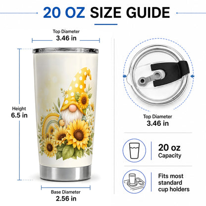#pl[20oz|Steel] Sunflower Gnome 20oz Tumbler, Yellow Floral Rainbow Garden Artwork