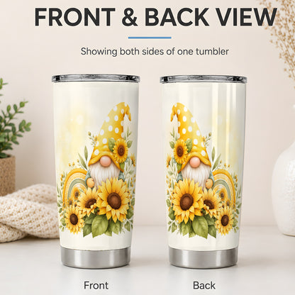 #pl[20oz|Steel] Sunflower Gnome 20oz Tumbler, Yellow Floral Rainbow Garden Artwork