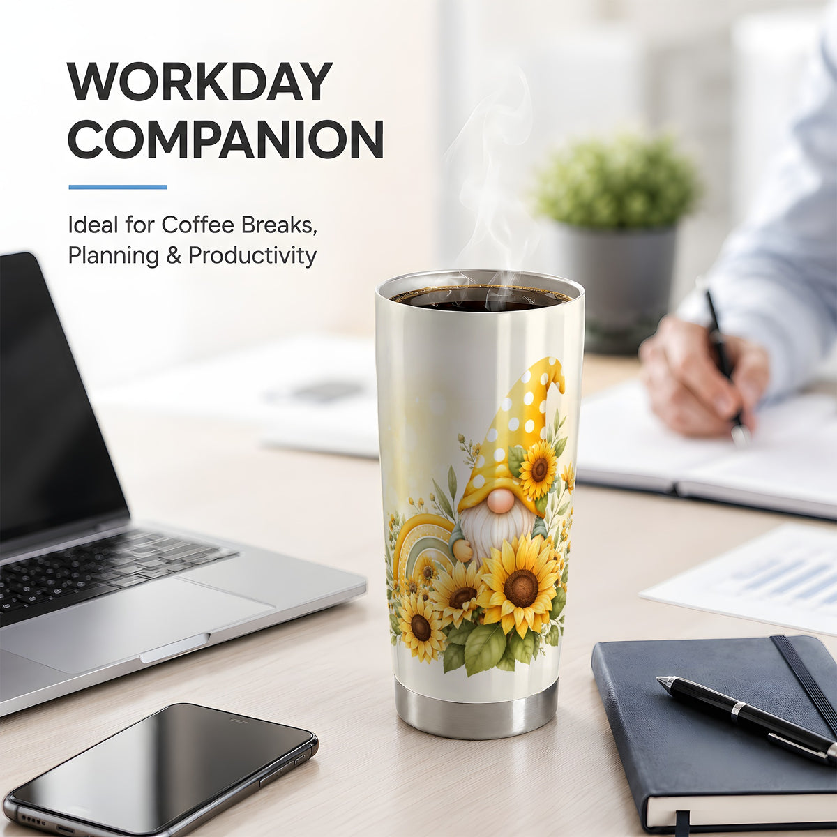 #pl[20oz|Steel] Sunflower Gnome 20oz Tumbler, Yellow Floral Rainbow Garden Artwork