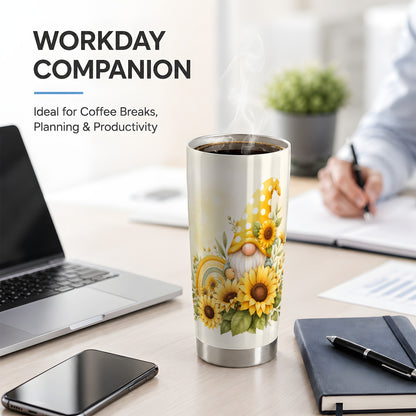 #pl[20oz|Steel] Sunflower Gnome 20oz Tumbler, Yellow Floral Rainbow Garden Artwork