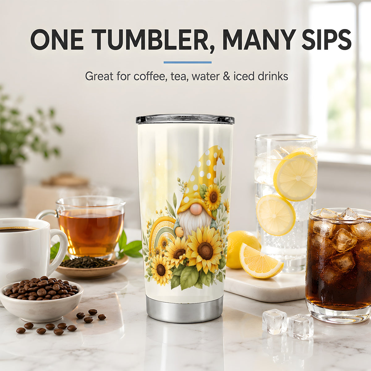 #pl[20oz|Steel] Sunflower Gnome 20oz Tumbler, Yellow Floral Rainbow Garden Artwork