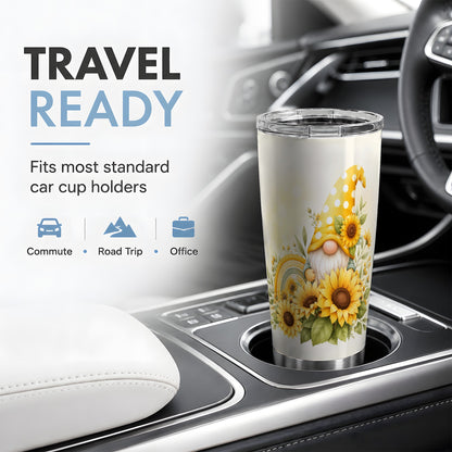 #pl[20oz|Steel] Sunflower Gnome 20oz Tumbler, Yellow Floral Rainbow Garden Artwork