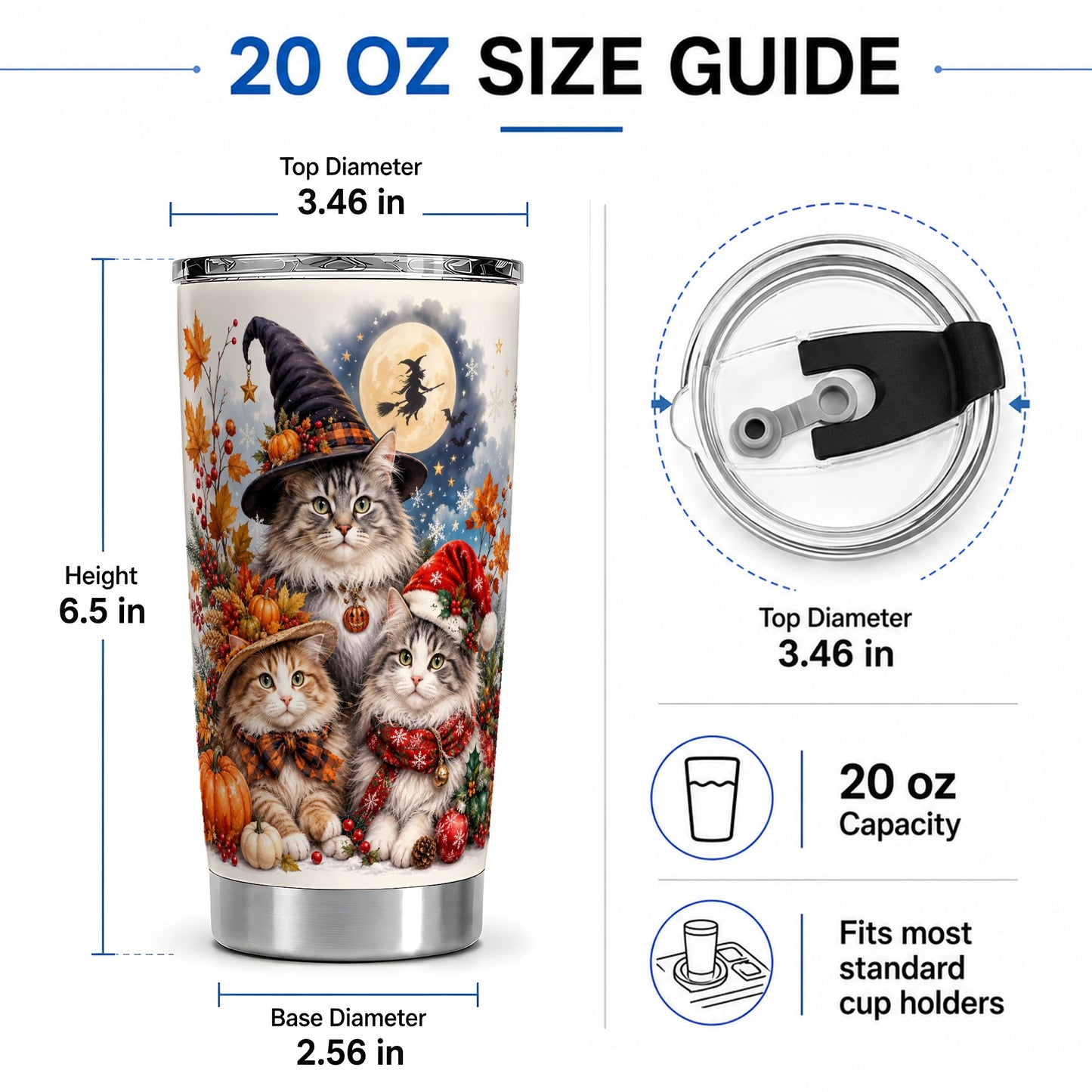 #pl[20oz|Steel] Halloween Cats 20oz Tumbler, Witch Hat Pumpkin Art for Cat Lovers