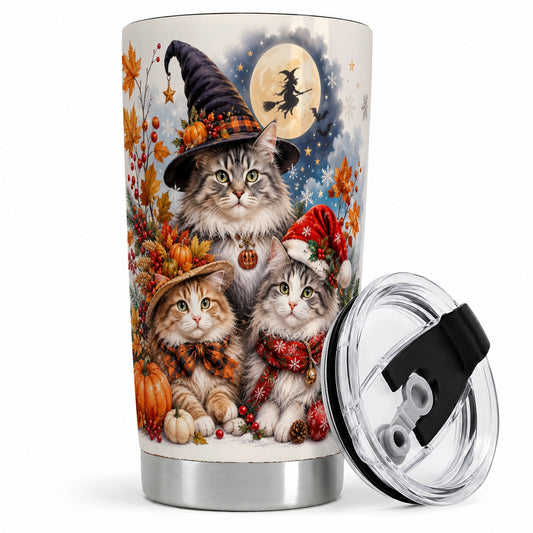Halloween Cats 20oz Tumbler, Witch Hat Pumpkin Art for Cat Lovers