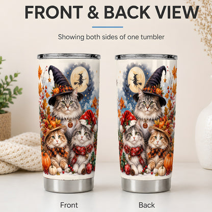 #pl[20oz|Steel] Halloween Cats 20oz Tumbler, Witch Hat Pumpkin Art for Cat Lovers