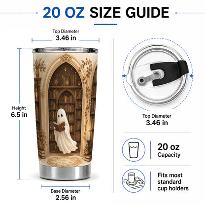 #pl[20oz|Steel] Ghost Library 20oz Tumbler, Cozy Bookish Halloween Art for Readers