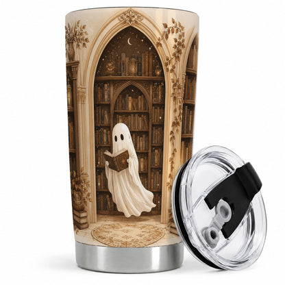 Ghost Library 20oz Tumbler, Cozy Bookish Halloween Art for Readers