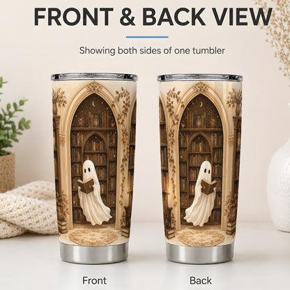 #pl[20oz|Steel] Ghost Library 20oz Tumbler, Cozy Bookish Halloween Art for Readers