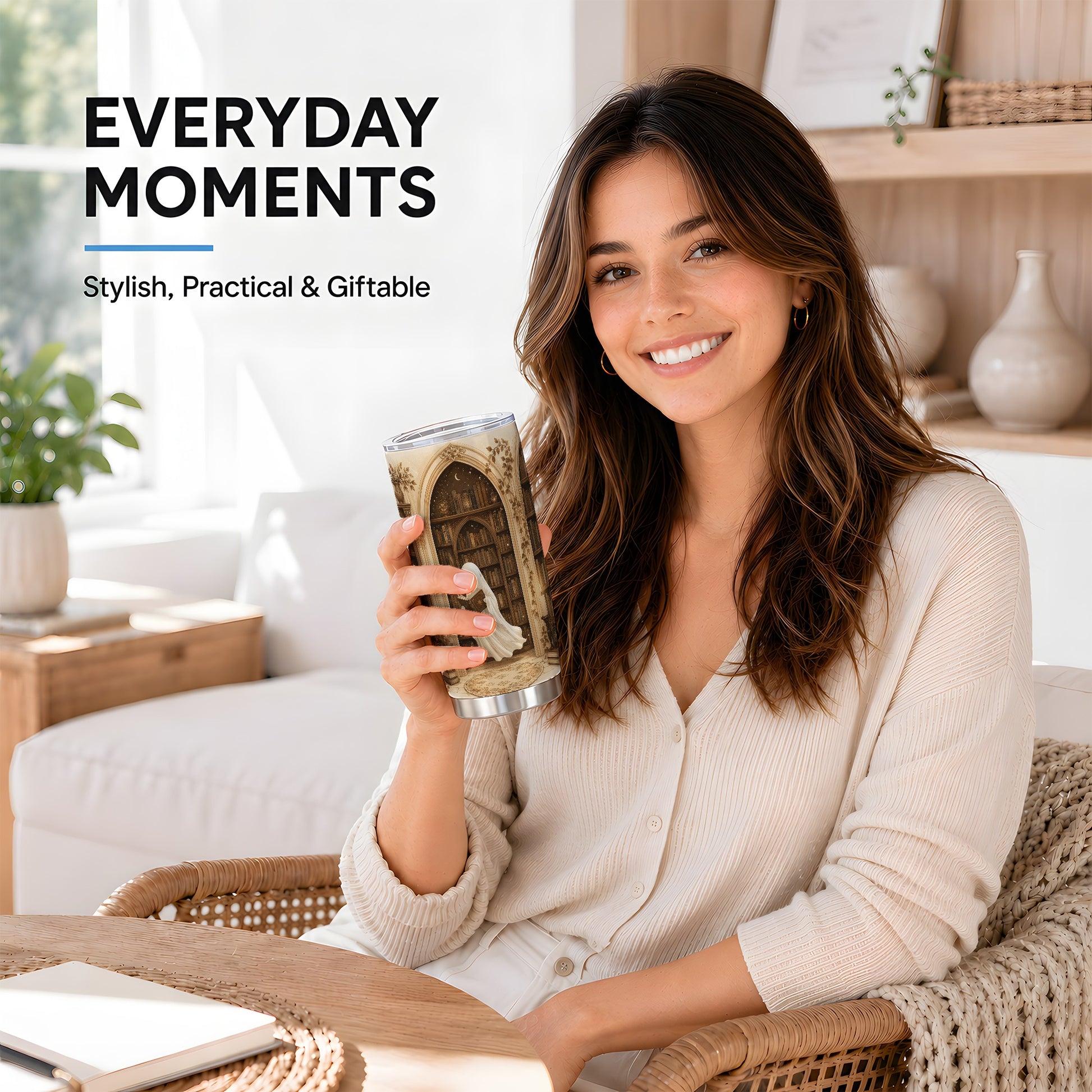 #pl[20oz|Steel] Ghost Library 20oz Tumbler, Cozy Bookish Halloween Art for Readers