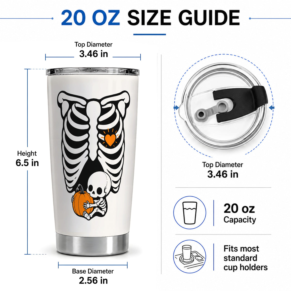 #pl[20oz|Steel] Baby Skeleton Halloween 20oz Tumbler, Pumpkin Ribcage Art for Fall Fans