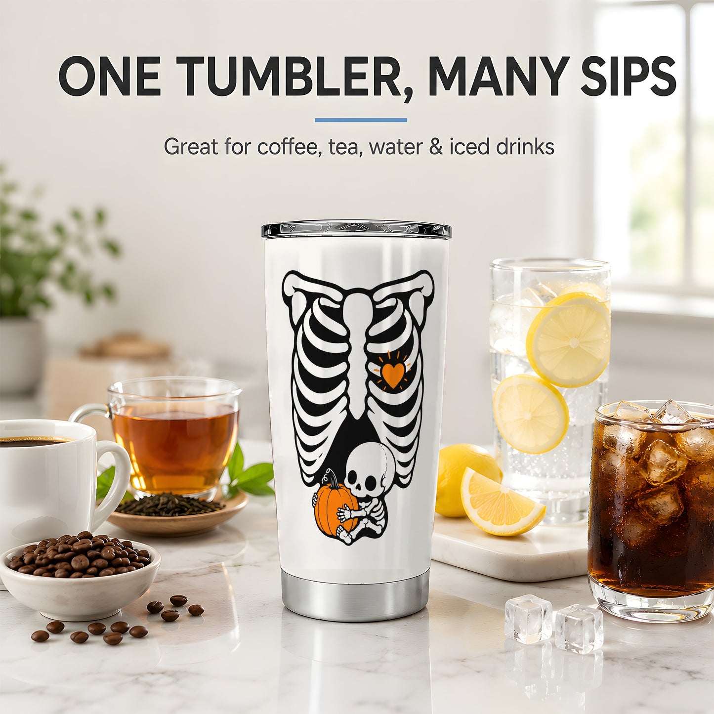 #pl[20oz|Steel] Baby Skeleton Halloween 20oz Tumbler, Pumpkin Ribcage Art for Fall Fans