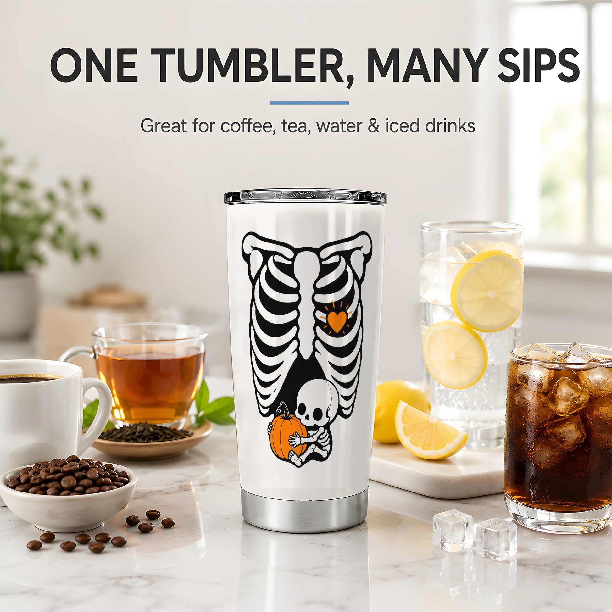 #pl[20oz|Steel] Baby Skeleton Halloween 20oz Tumbler, Pumpkin Ribcage Art for Fall Fans