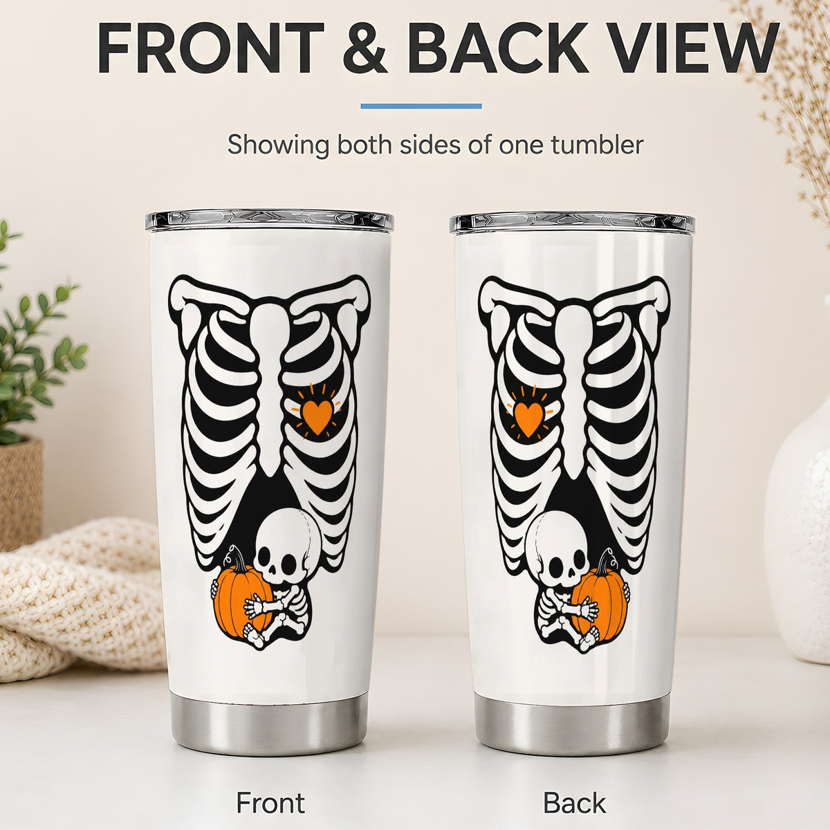#pl[20oz|Steel] Baby Skeleton Halloween 20oz Tumbler, Pumpkin Ribcage Art for Fall Fans