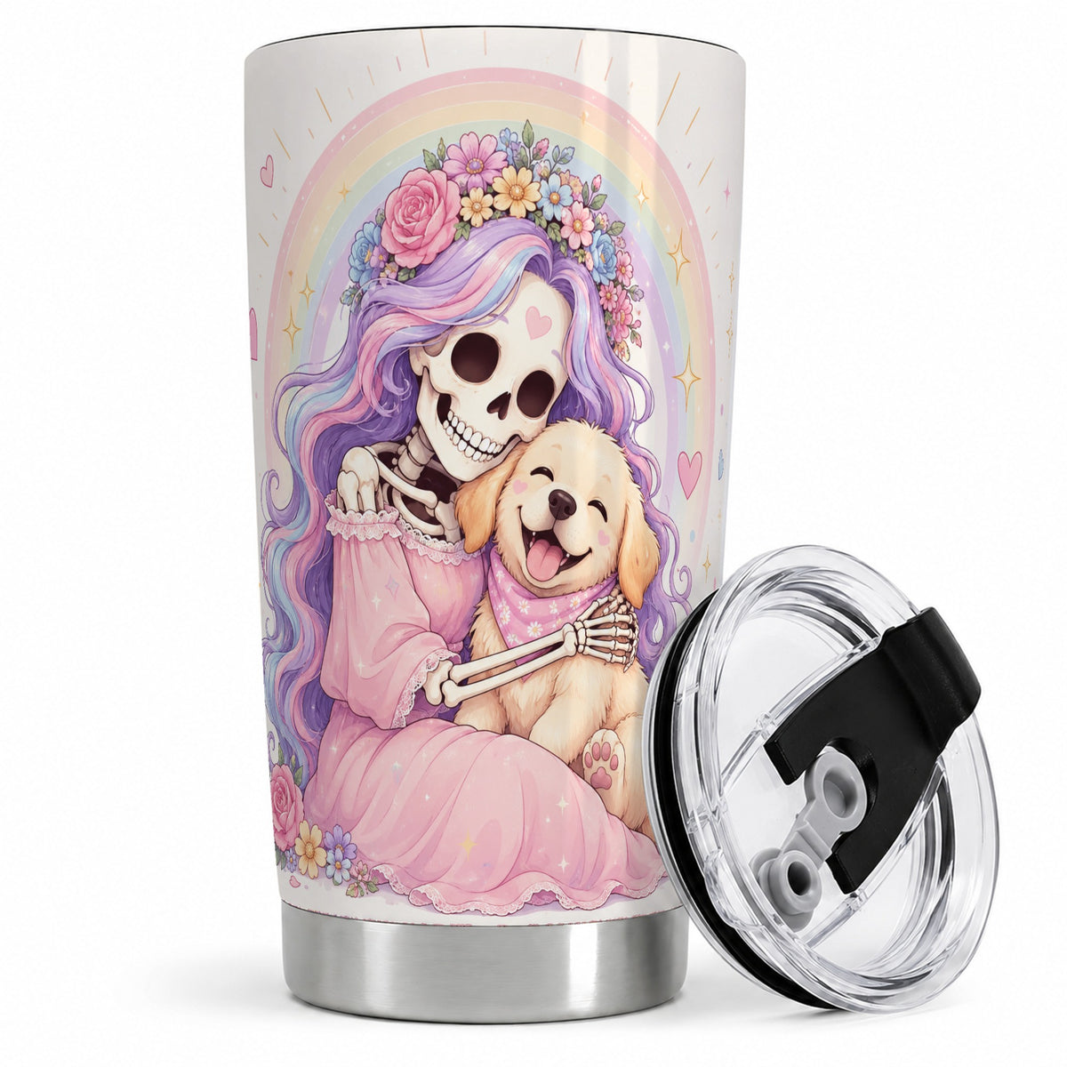 Pastel Skeleton Dog 20oz Tumbler, Floral Rainbow Art for Dog Lovers