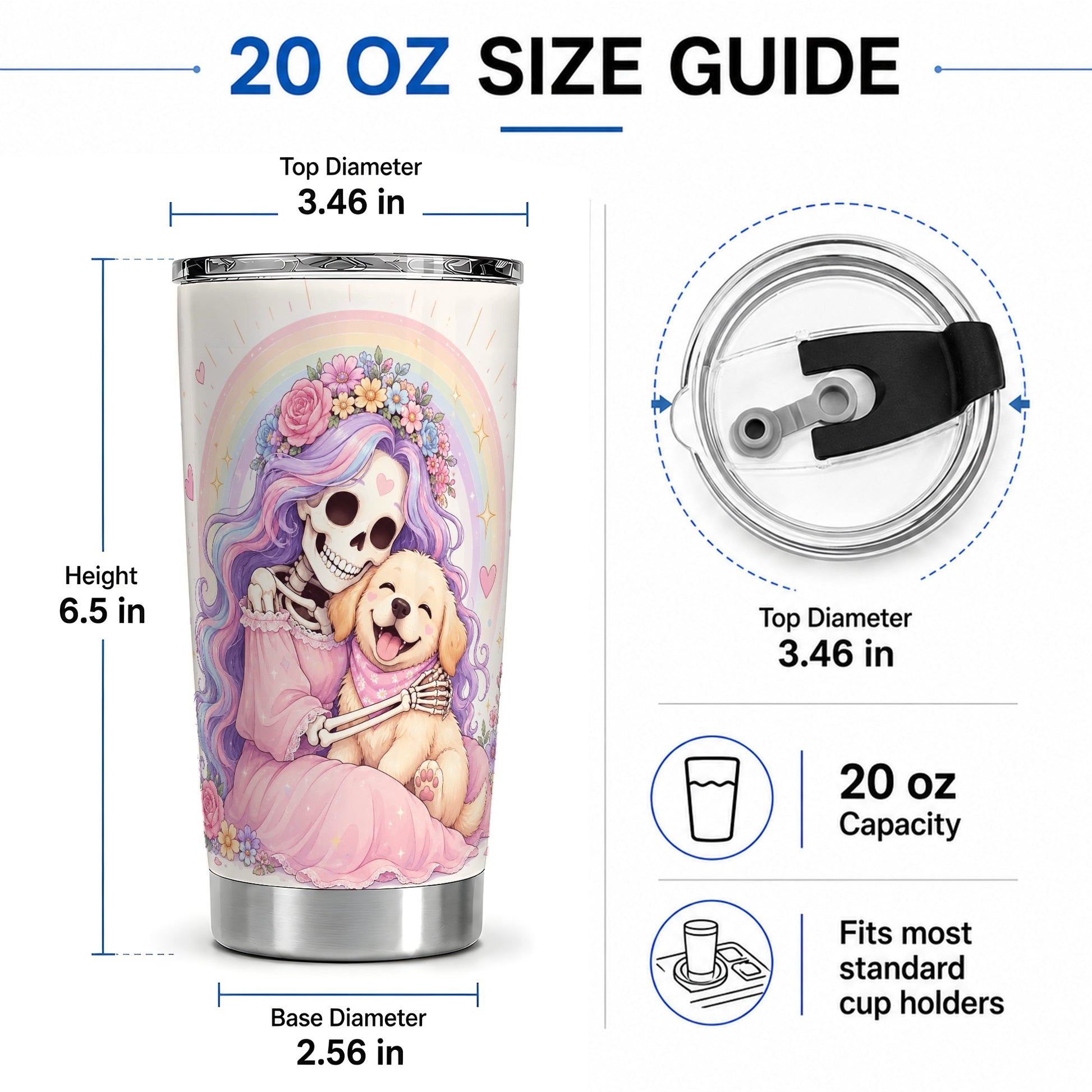 #pl[20oz|Steel] Pastel Skeleton Dog 20oz Tumbler, Floral Rainbow Art for Dog Lovers