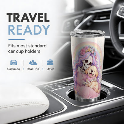 #pl[20oz|Steel] Pastel Skeleton Dog 20oz Tumbler, Floral Rainbow Art for Dog Lovers