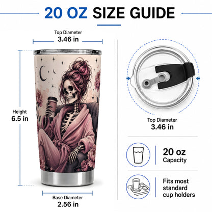 #pl[20oz|Steel] Pink Skeleton Coffee 20oz Tumbler, Gothic Floral Art for Coffee Fans