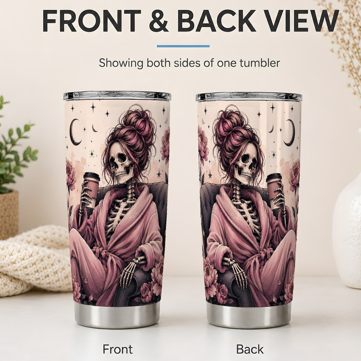 #pl[20oz|Steel] Pink Skeleton Coffee 20oz Tumbler, Gothic Floral Art for Coffee Fans