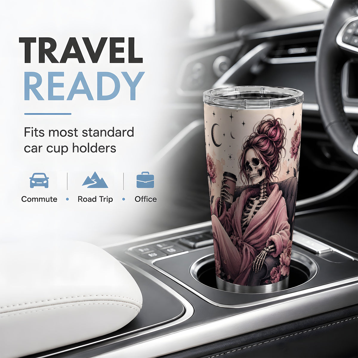#pl[20oz|Steel] Pink Skeleton Coffee 20oz Tumbler, Gothic Floral Art for Coffee Fans