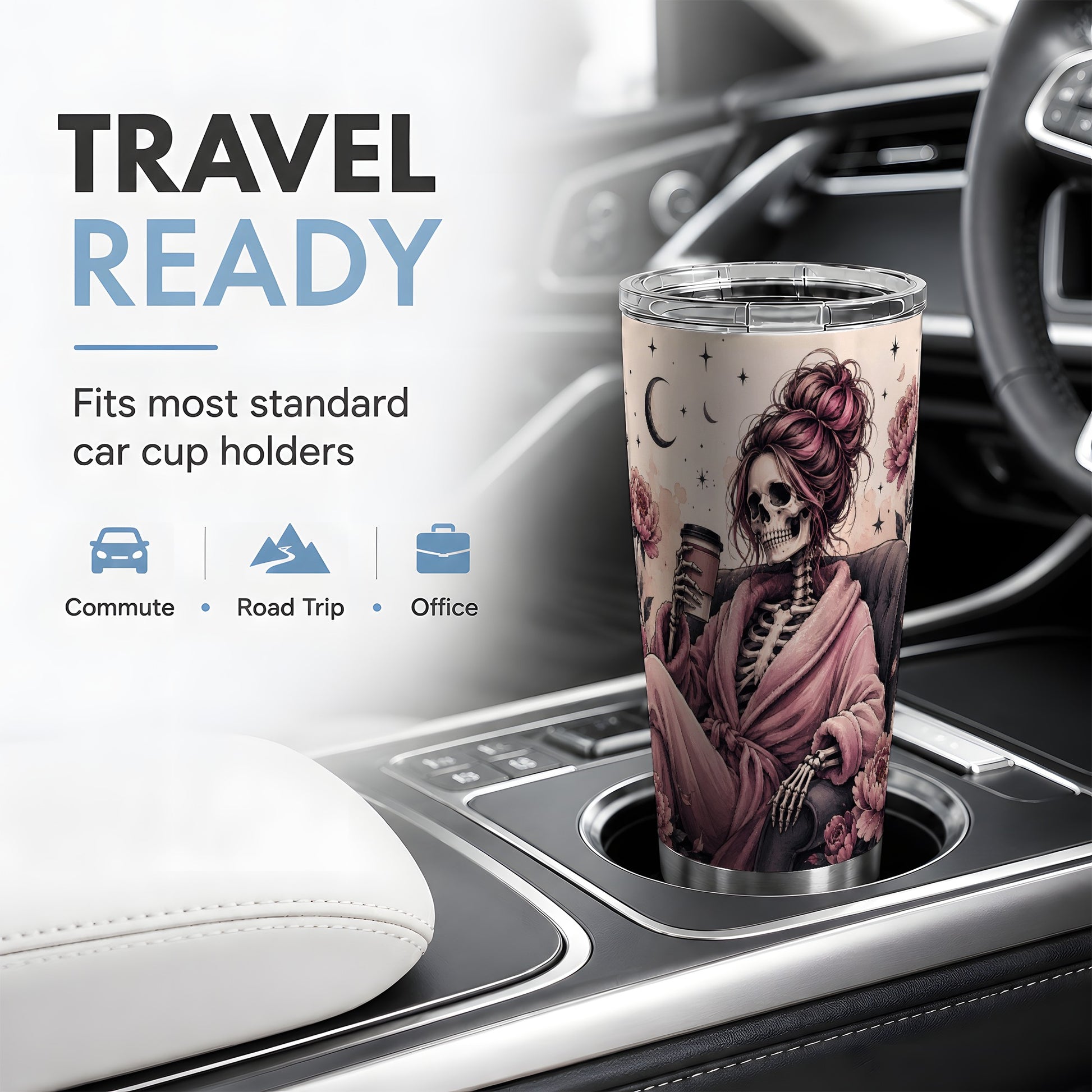 #pl[20oz|Steel] Pink Skeleton Coffee 20oz Tumbler, Gothic Floral Art for Coffee Fans