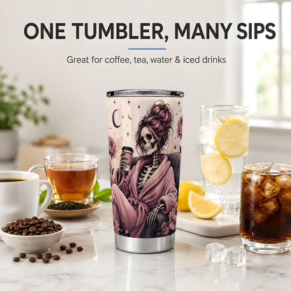 #pl[20oz|Steel] Pink Skeleton Coffee 20oz Tumbler, Gothic Floral Art for Coffee Fans