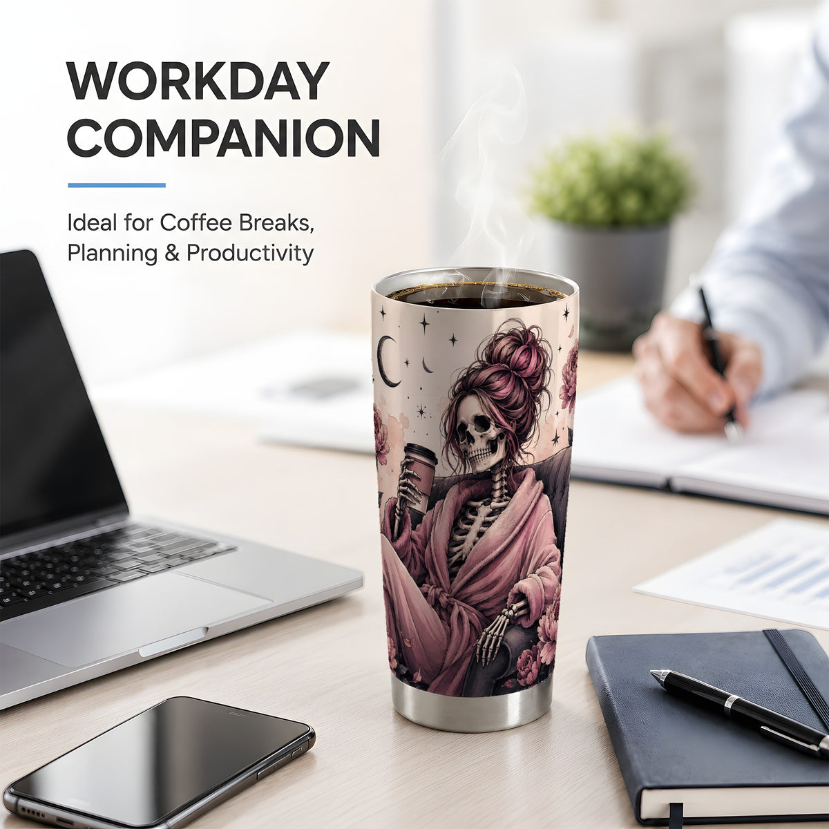 #pl[20oz|Steel] Pink Skeleton Coffee 20oz Tumbler, Gothic Floral Art for Coffee Fans