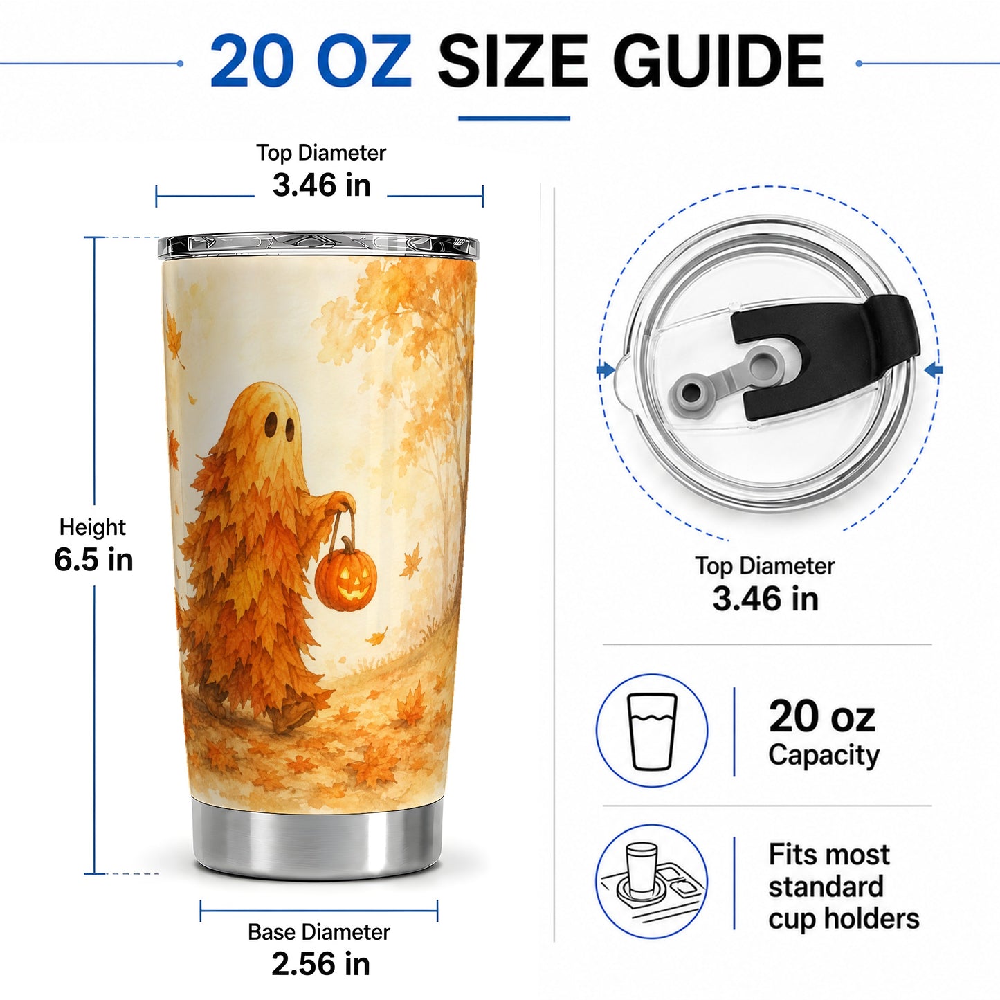 #pl[20oz|Steel] Autumn Leaf Ghost 20oz Tumbler, Pumpkin Halloween Art for Fall Fans