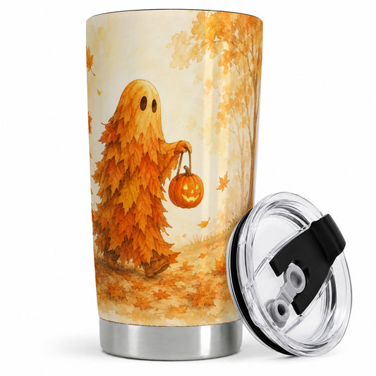 Autumn Leaf Ghost 20oz Tumbler, Pumpkin Halloween Art for Fall Fans