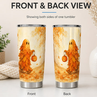 #pl[20oz|Steel] Autumn Leaf Ghost 20oz Tumbler, Pumpkin Halloween Art for Fall Fans