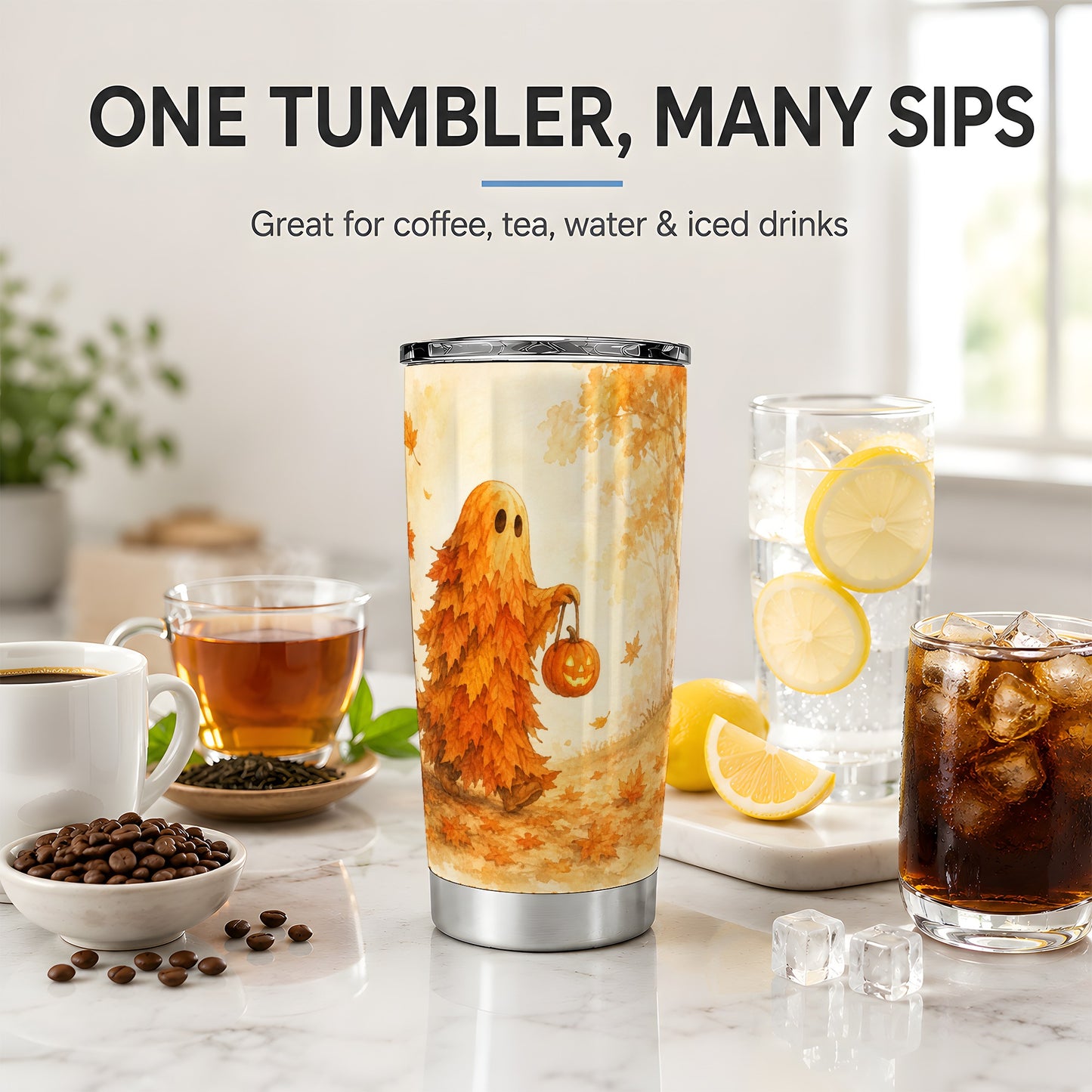 #pl[20oz|Steel] Autumn Leaf Ghost 20oz Tumbler, Pumpkin Halloween Art for Fall Fans