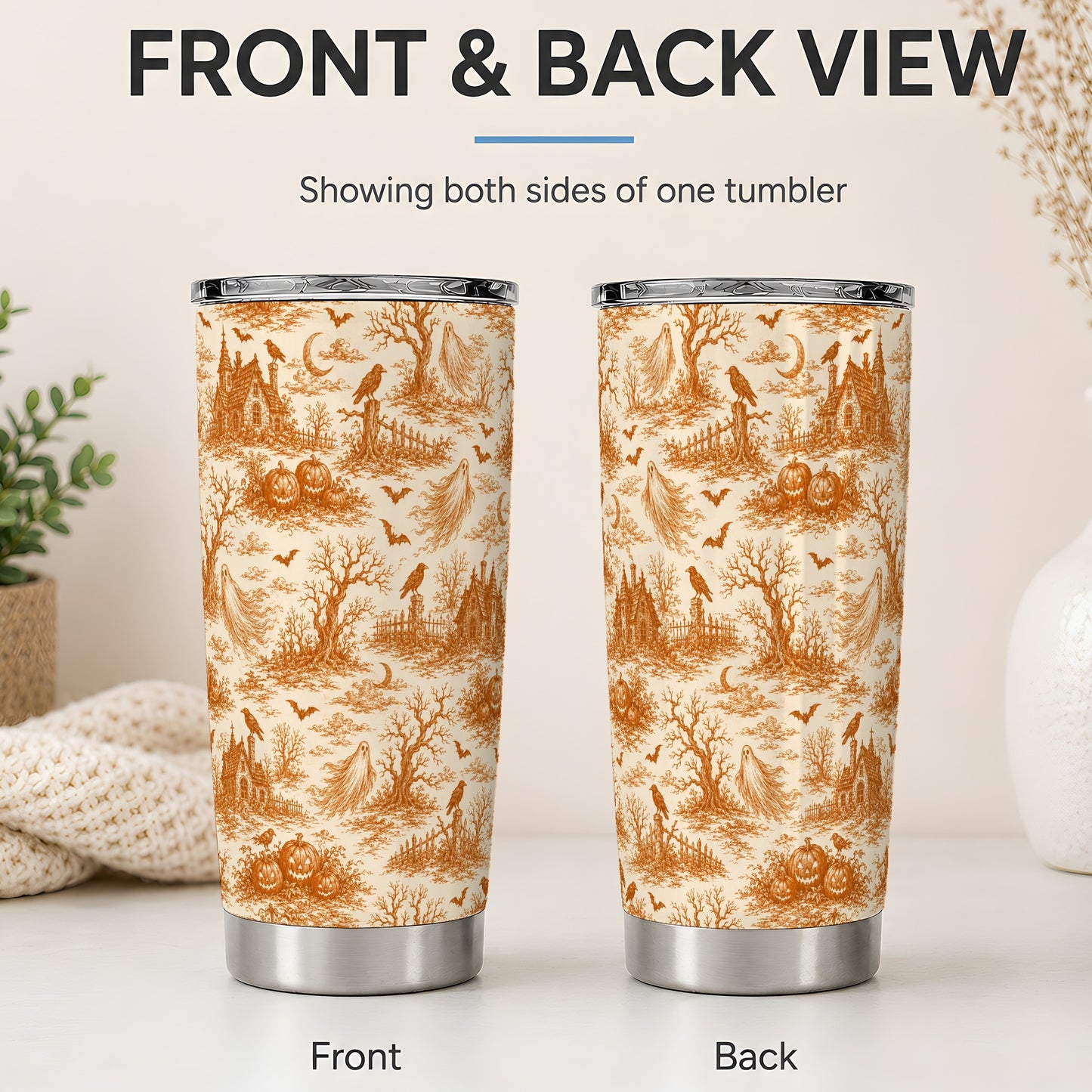 #pl[20oz|Steel] Vintage Halloween Toile 20oz Tumbler, Ghost Pumpkin Pattern Artwork