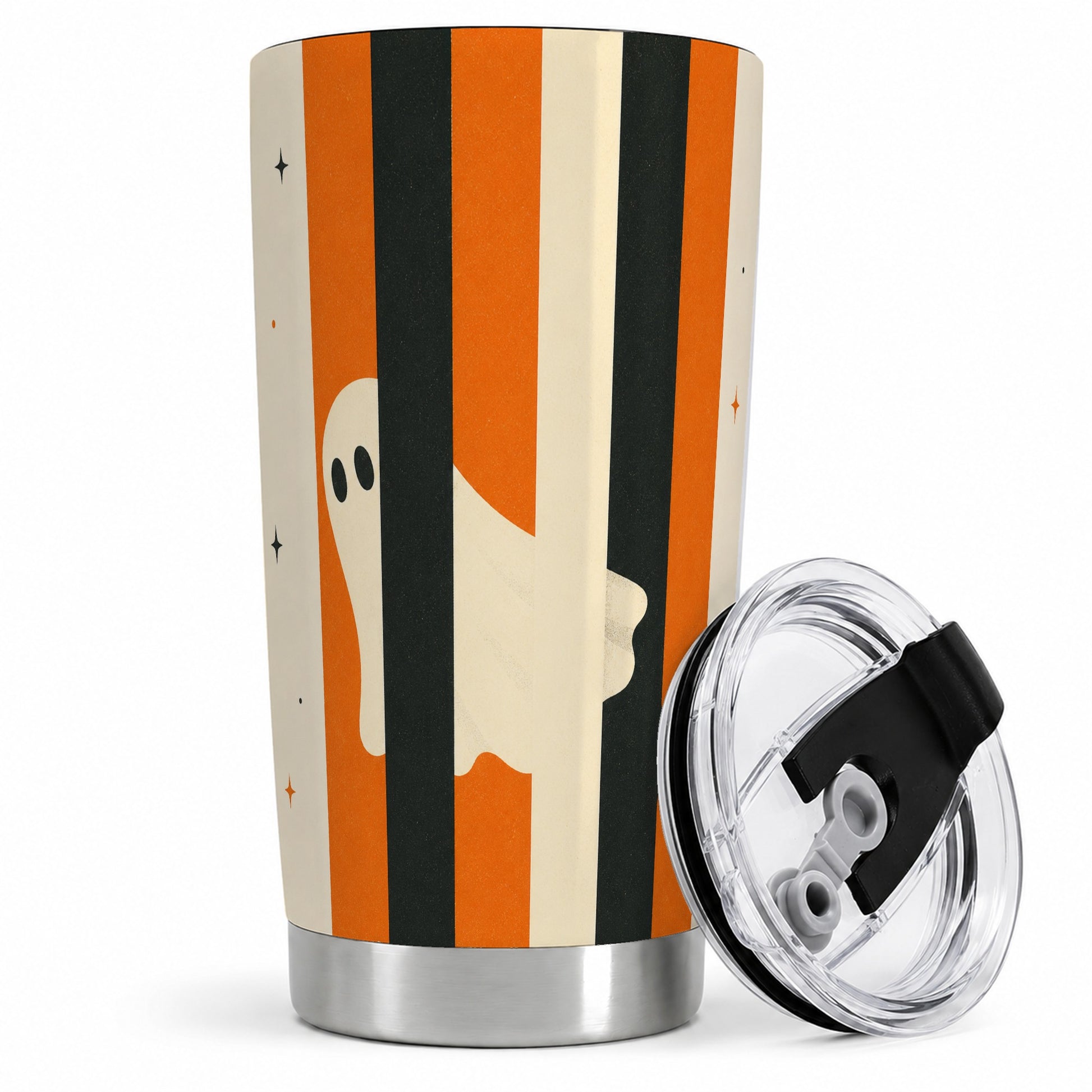 Retro Ghost Stripe 20oz Tumbler, Orange Black Halloween Art for Fall Fans
