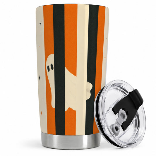 Retro Ghost Stripe 20oz Tumbler, Orange Black Halloween Art for Fall Fans