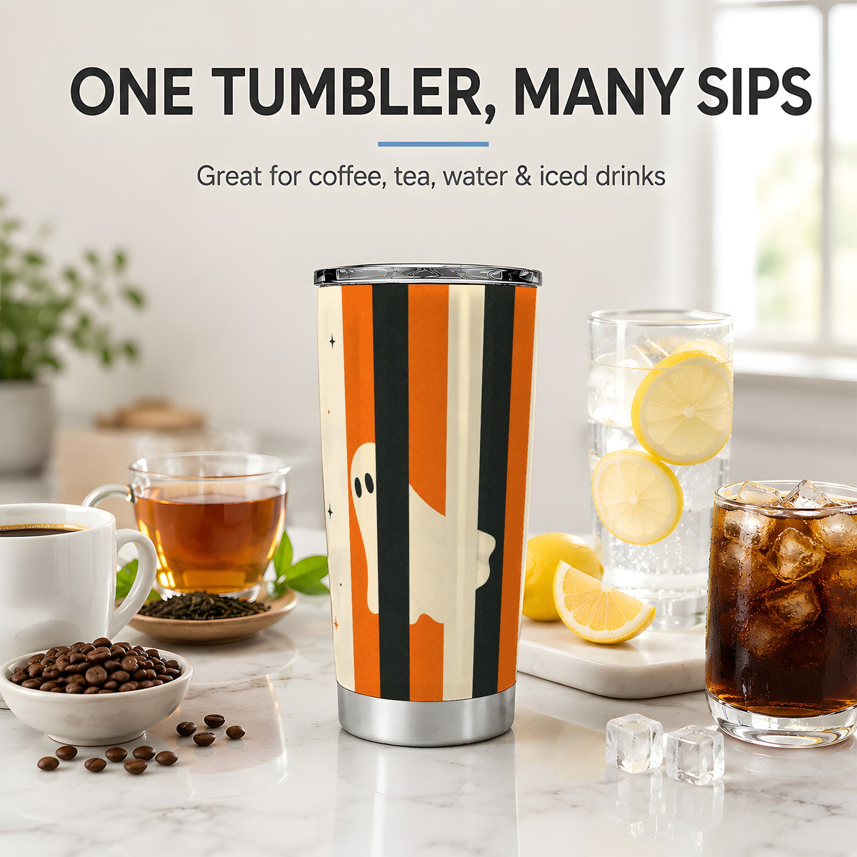 #pl[20oz|Steel] Retro Ghost Stripe 20oz Tumbler, Orange Black Halloween Art for Fall Fans