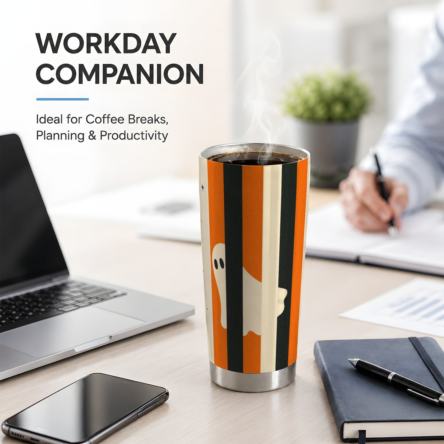 #pl[20oz|Steel] Retro Ghost Stripe 20oz Tumbler, Orange Black Halloween Art for Fall Fans