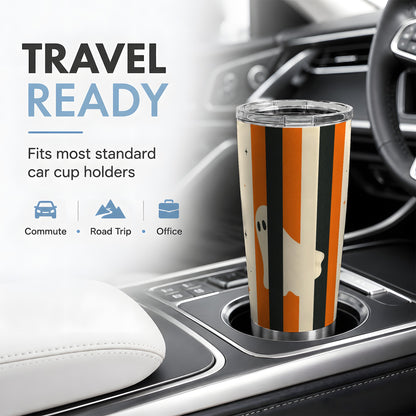 #pl[20oz|Steel] Retro Ghost Stripe 20oz Tumbler, Orange Black Halloween Art for Fall Fans