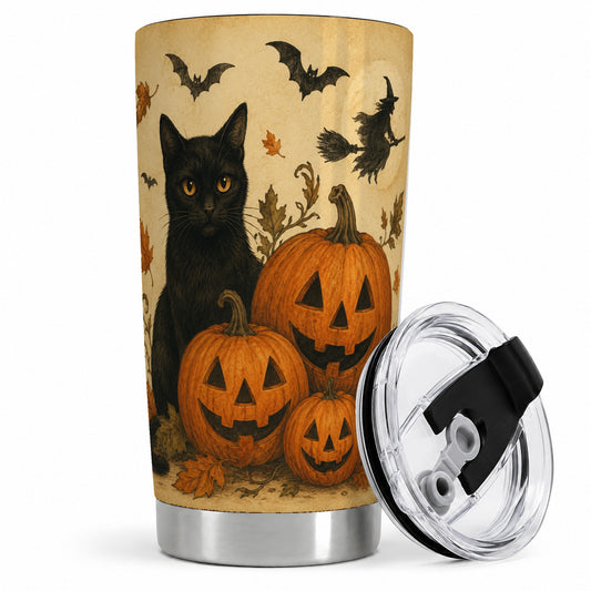 Black Cat Pumpkin 20oz Tumbler, Vintage Halloween Art for Cat Lovers
