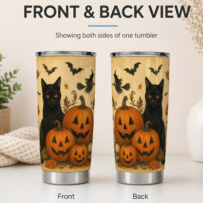 #pl[20oz|Steel] Black Cat Pumpkin 20oz Tumbler, Vintage Halloween Art for Cat Lovers