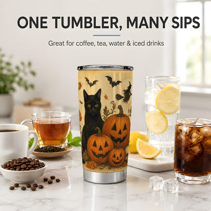 #pl[20oz|Steel] Black Cat Pumpkin 20oz Tumbler, Vintage Halloween Art for Cat Lovers