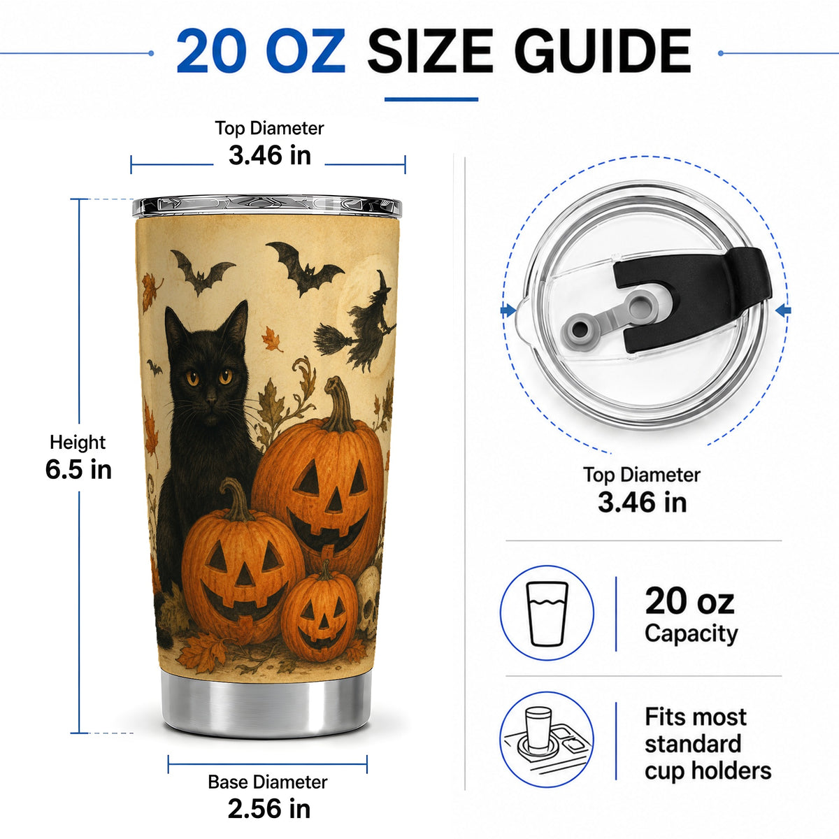 #pl[20oz|Steel] Black Cat Pumpkin 20oz Tumbler, Vintage Halloween Art for Cat Lovers