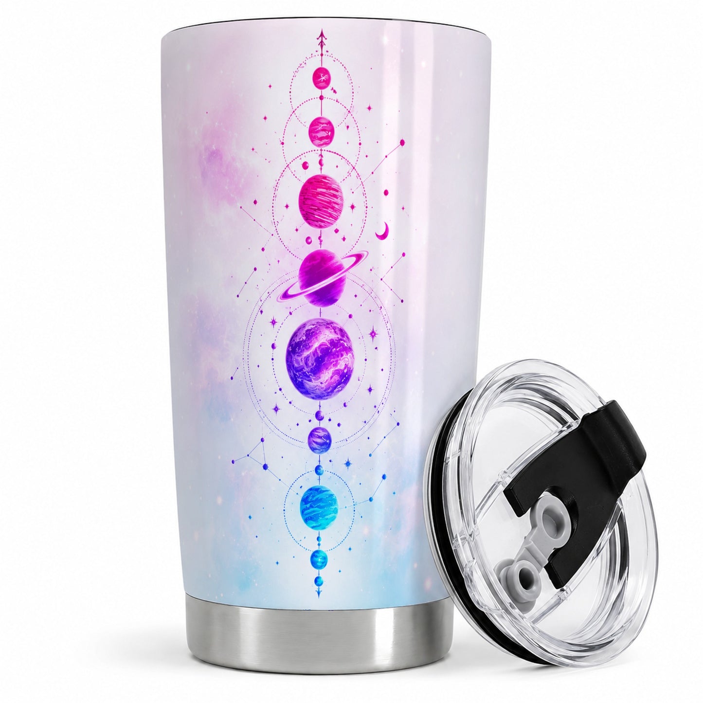 Cosmic Planet Alignment 20oz Tumbler, Pink Blue Galaxy Art for Space Fans