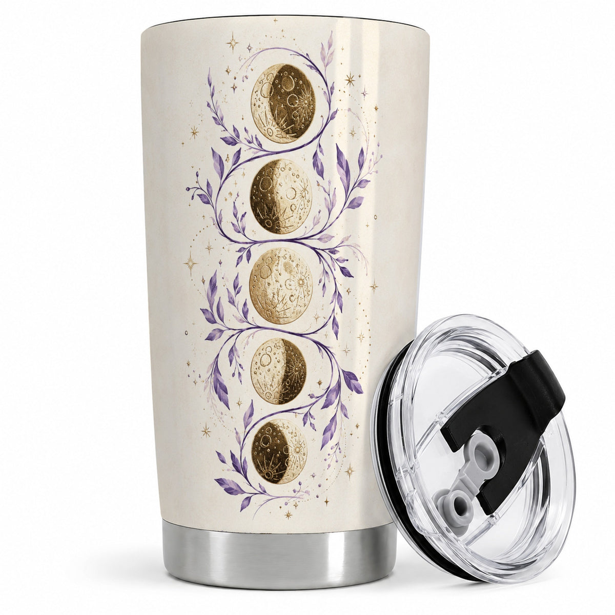 Moon Phase Botanical 20oz Tumbler, Purple Celestial Art for Moon Fans