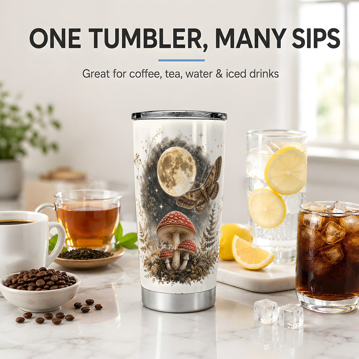 #pl[20oz|Steel] Moon Moth Mushroom 20oz Tumbler, Dark Botanical Art for Nature Fans